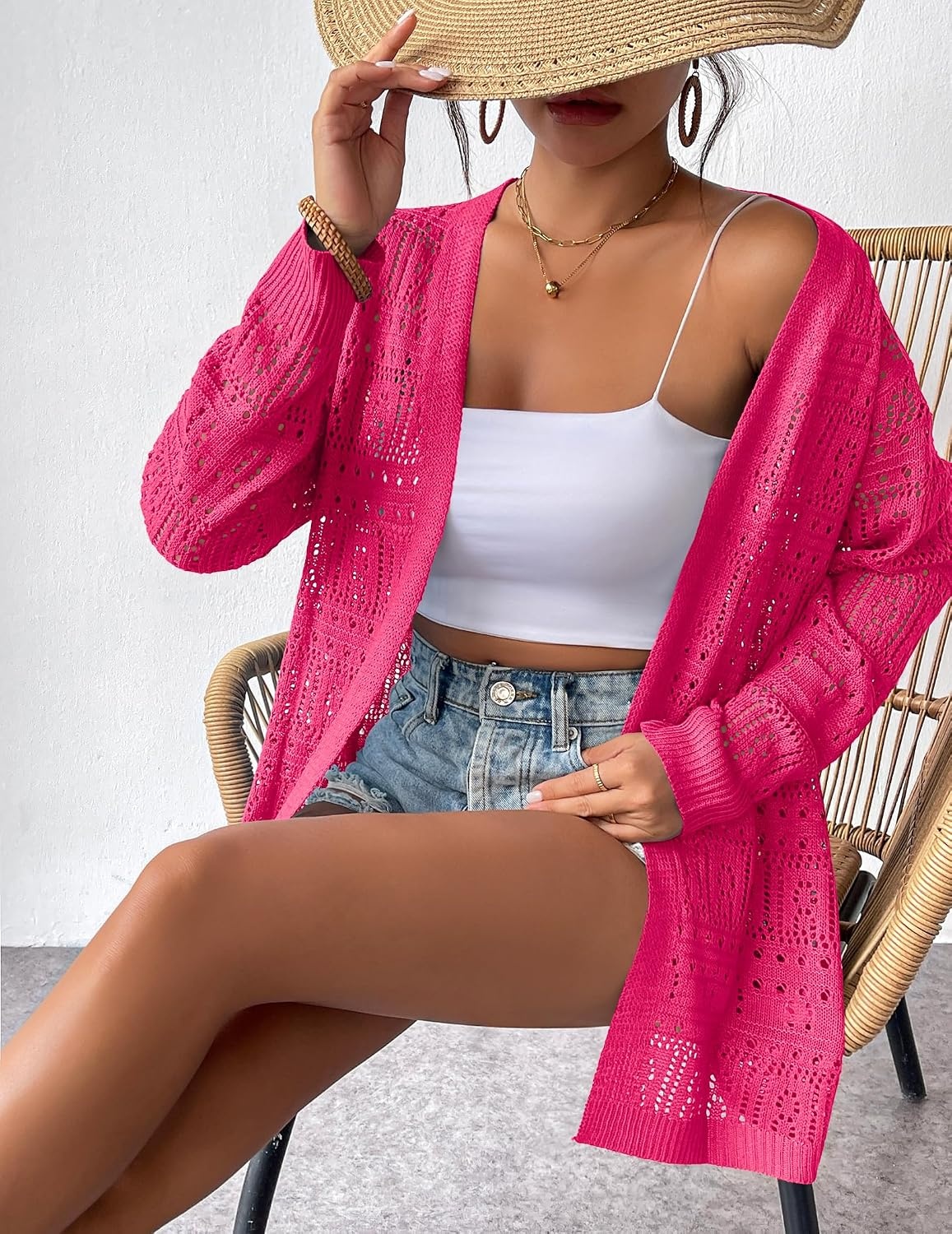 image:imageZeagoo Womens 2026 Summer Crochet Cardigan Sweaters Lightweight Boho KimonoHot Pink