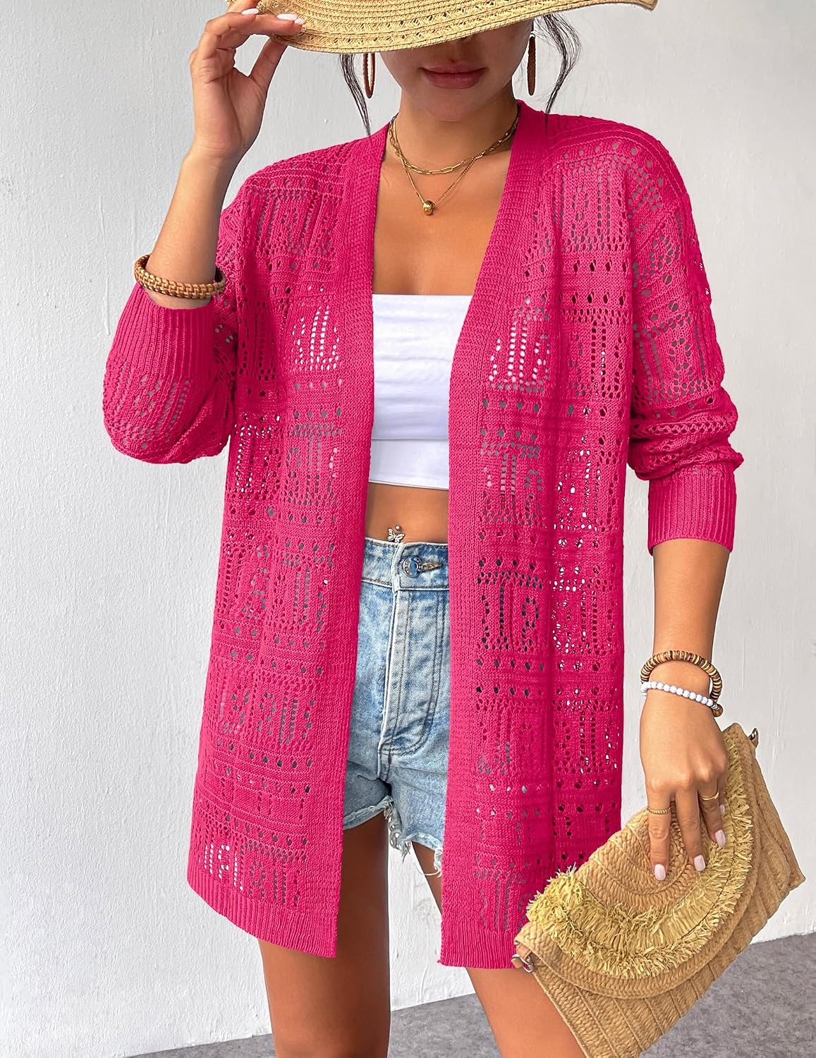 image:imageZeagoo Womens 2026 Summer Crochet Cardigan Sweaters Lightweight Boho KimonoHot Pink