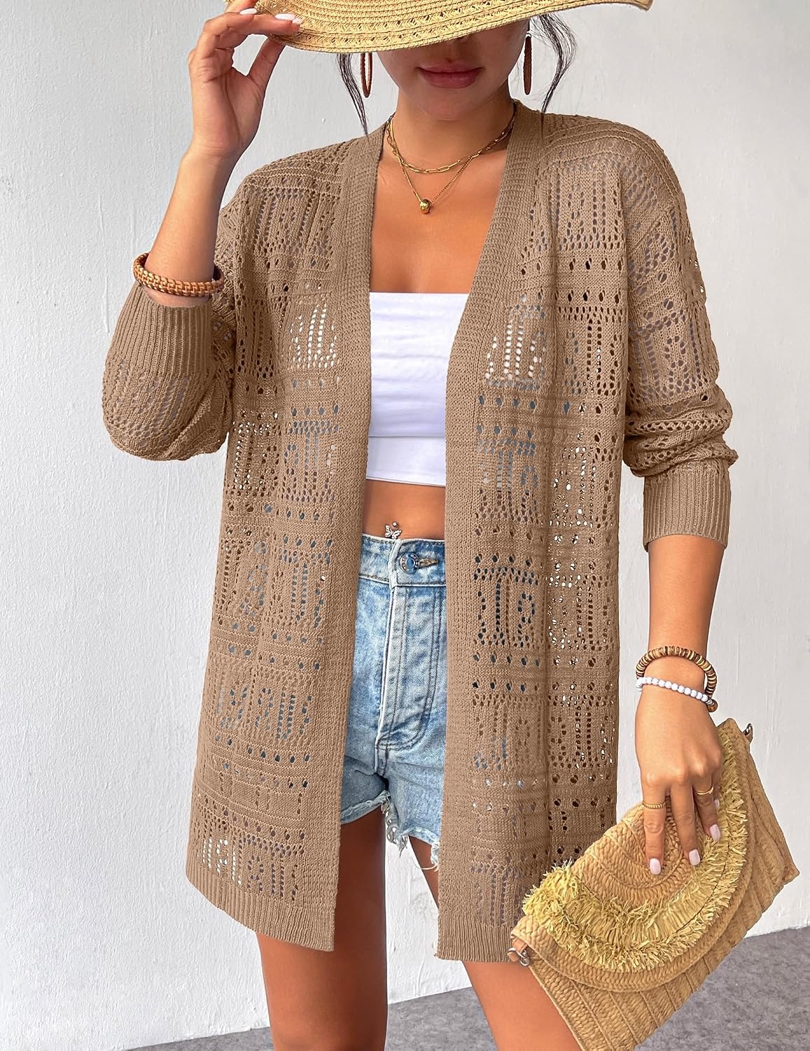 image:imageZeagoo Womens 2026 Summer Crochet Cardigan Sweaters Lightweight Boho KimonoKhaki