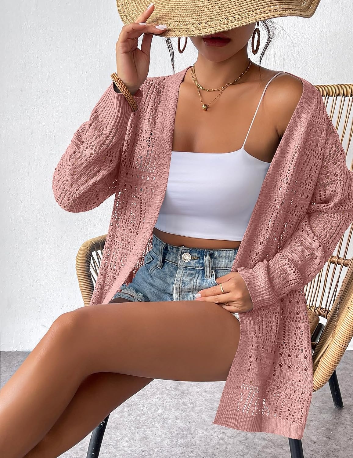 image:imageZeagoo Womens 2026 Summer Crochet Cardigan Sweaters Lightweight Boho KimonoPink