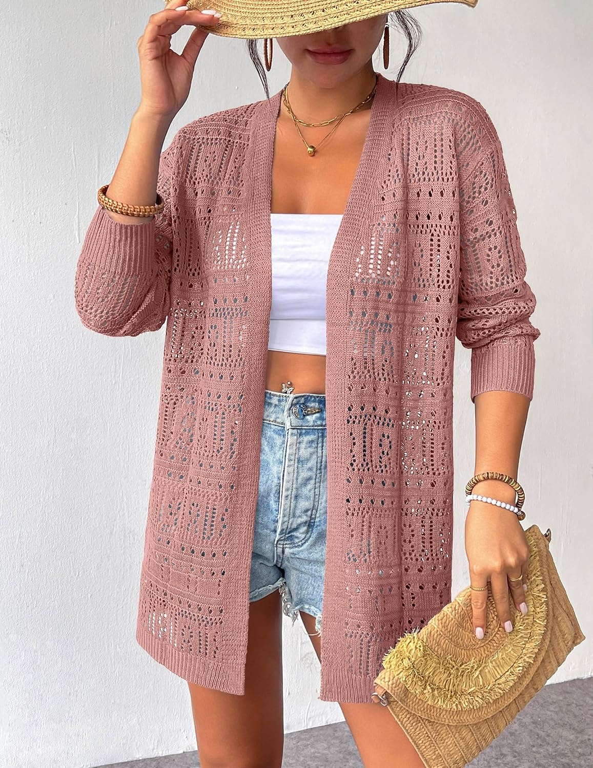 image:imageZeagoo Womens 2026 Summer Crochet Cardigan Sweaters Lightweight Boho KimonoPink
