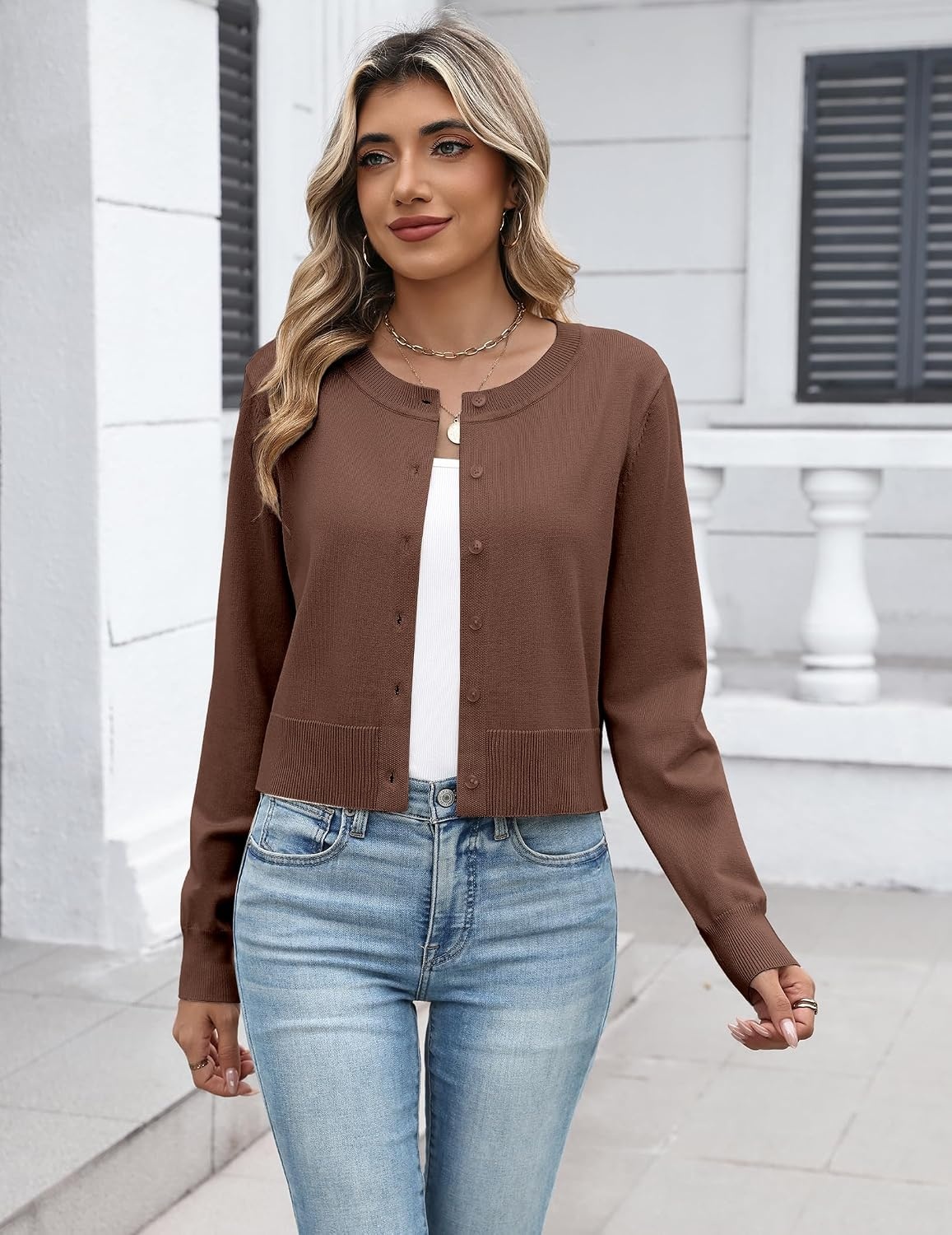 image:imageZeagoo Womens Cropped Cardigan Sweaters Lightweight Bolero Shrug for DressBrown