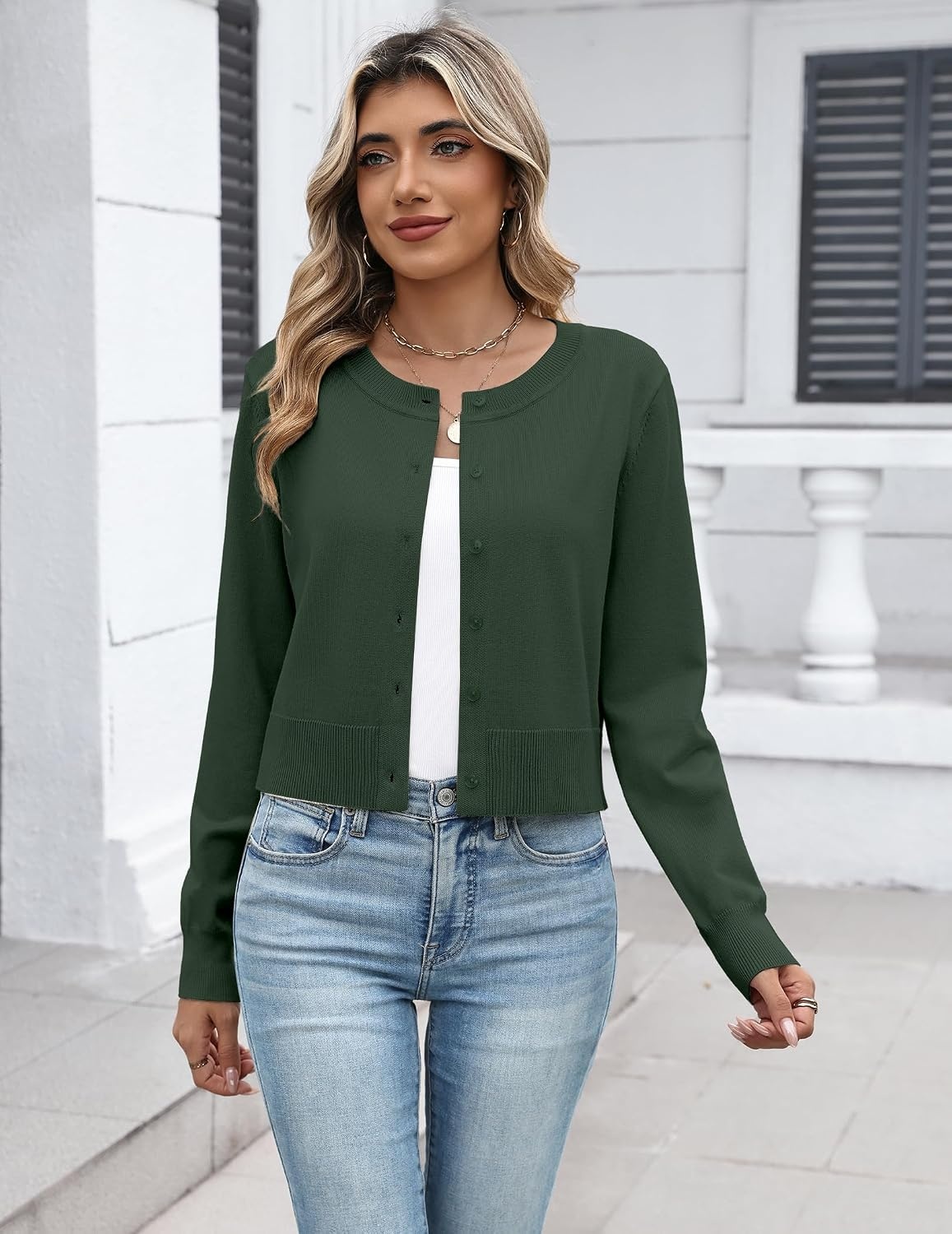 image:imageZeagoo Womens Cropped Cardigan Sweaters Lightweight Bolero Shrug for DressDark Green