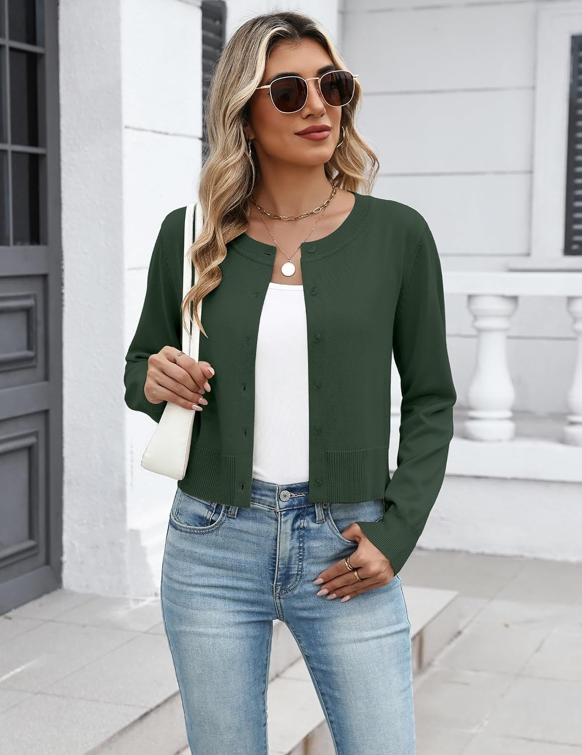 image:imageZeagoo Womens Cropped Cardigan Sweaters Lightweight Bolero Shrug for DressDark Green