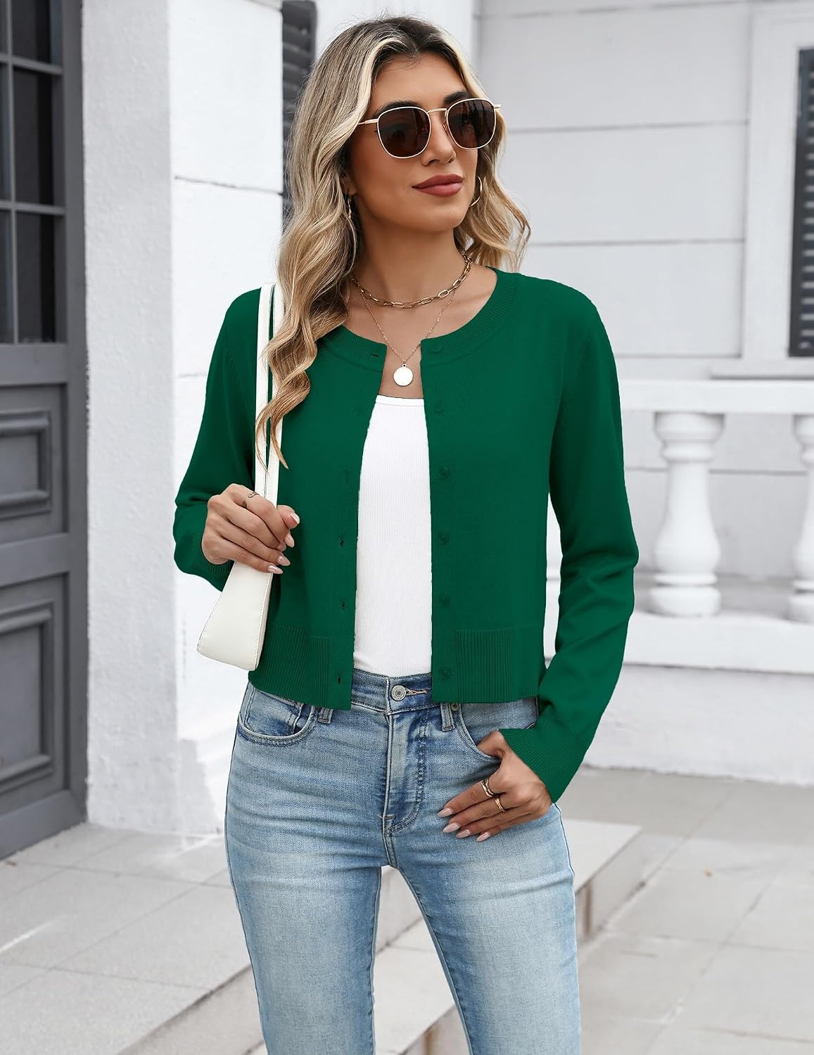 image:imageZeagoo Womens Cropped Cardigan Sweaters Lightweight Bolero Shrug for DressDeep Green
