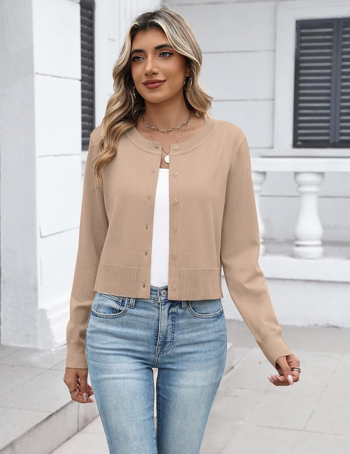 image:imageZeagoo Womens Cropped Cardigan Sweaters Lightweight Bolero Shrug for DressKhaki