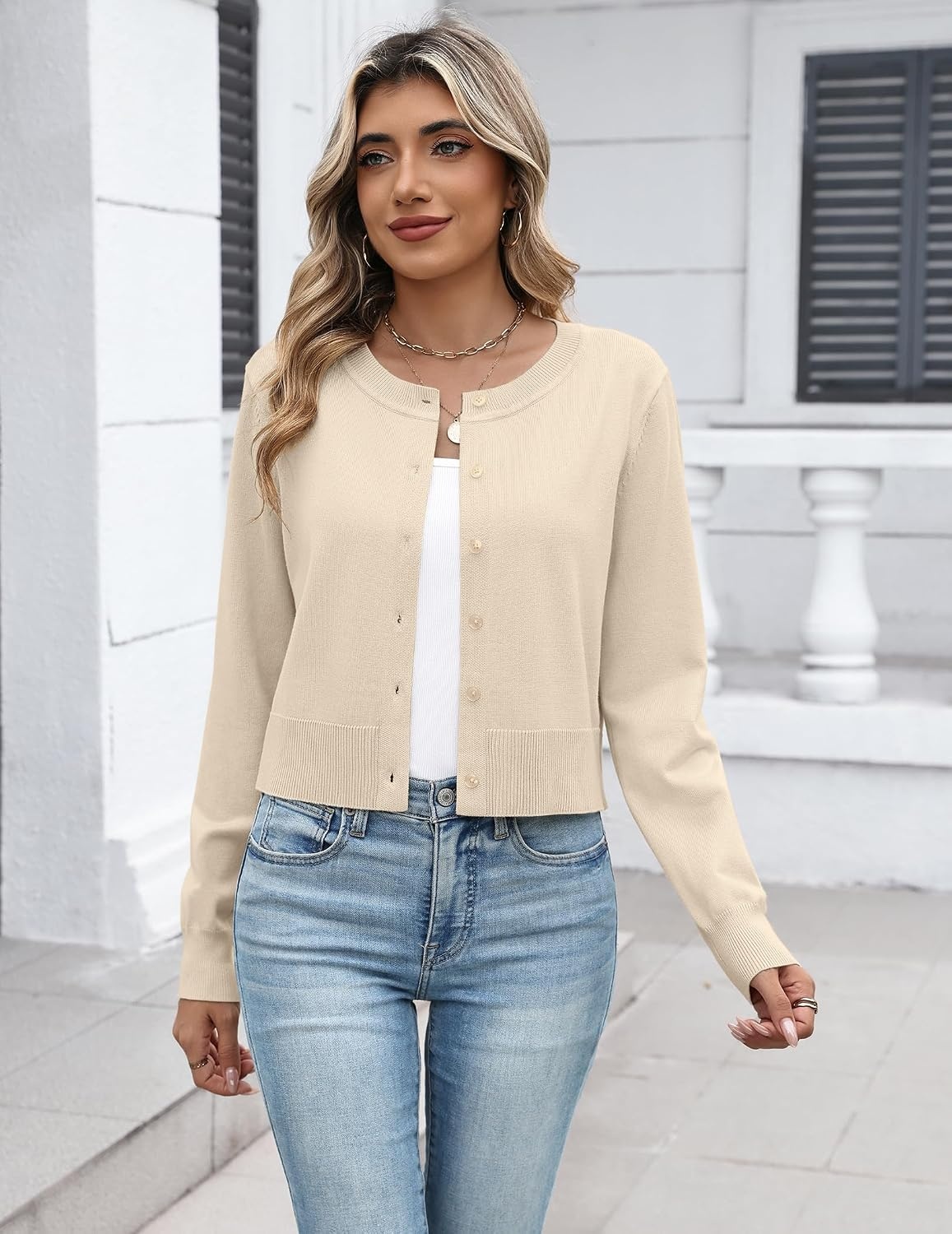 image:imageZeagoo Womens Cropped Cardigan Sweaters Lightweight Bolero Shrug for DressLight Apricot