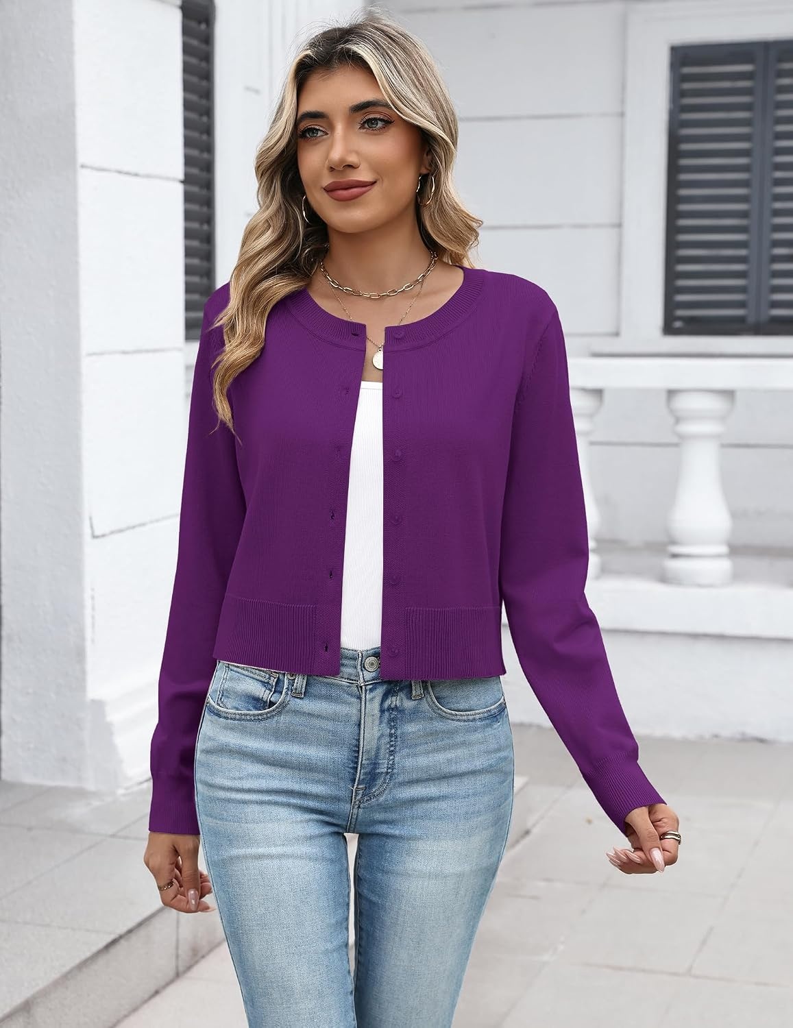 image:imageZeagoo Womens Cropped Cardigan Sweaters Lightweight Bolero Shrug for DressPurple