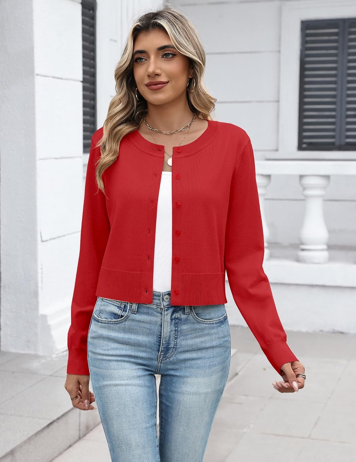 image:imageZeagoo Womens Cropped Cardigan Sweaters Lightweight Bolero Shrug for DressRed