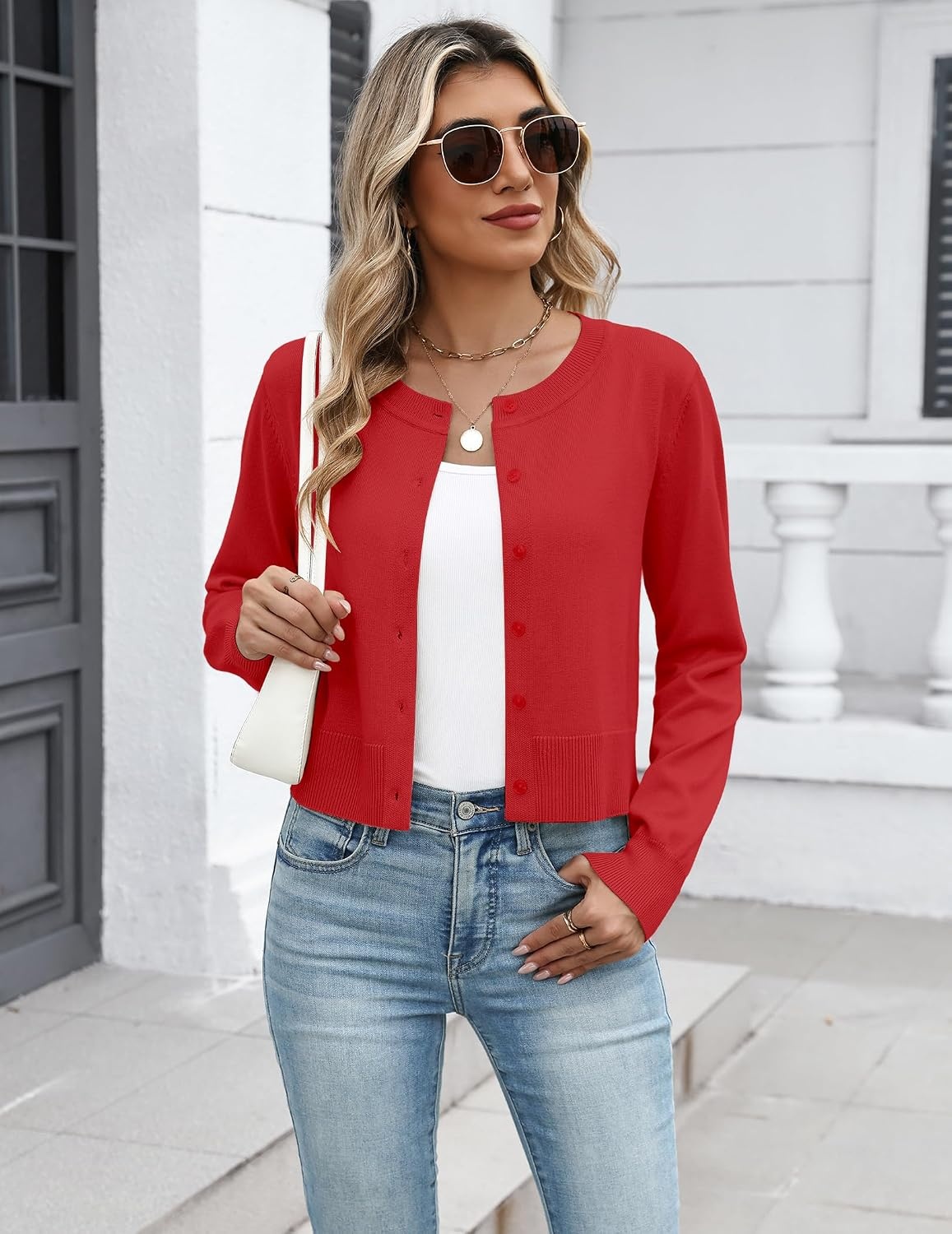image:imageZeagoo Womens Cropped Cardigan Sweaters Lightweight Bolero Shrug for DressRed