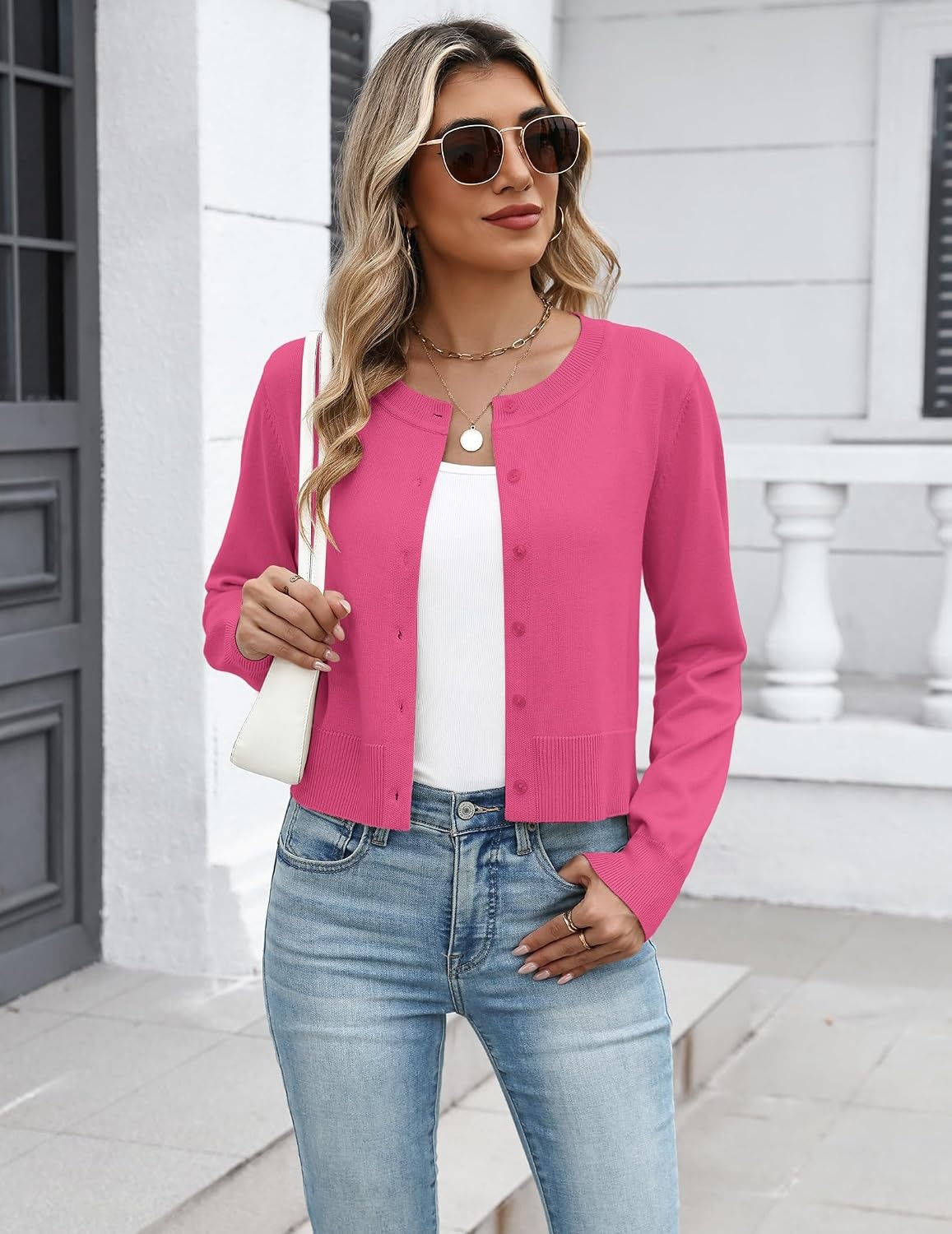 image:imageZeagoo Womens Cropped Cardigan Sweaters Lightweight Bolero Shrug for DressRose Red