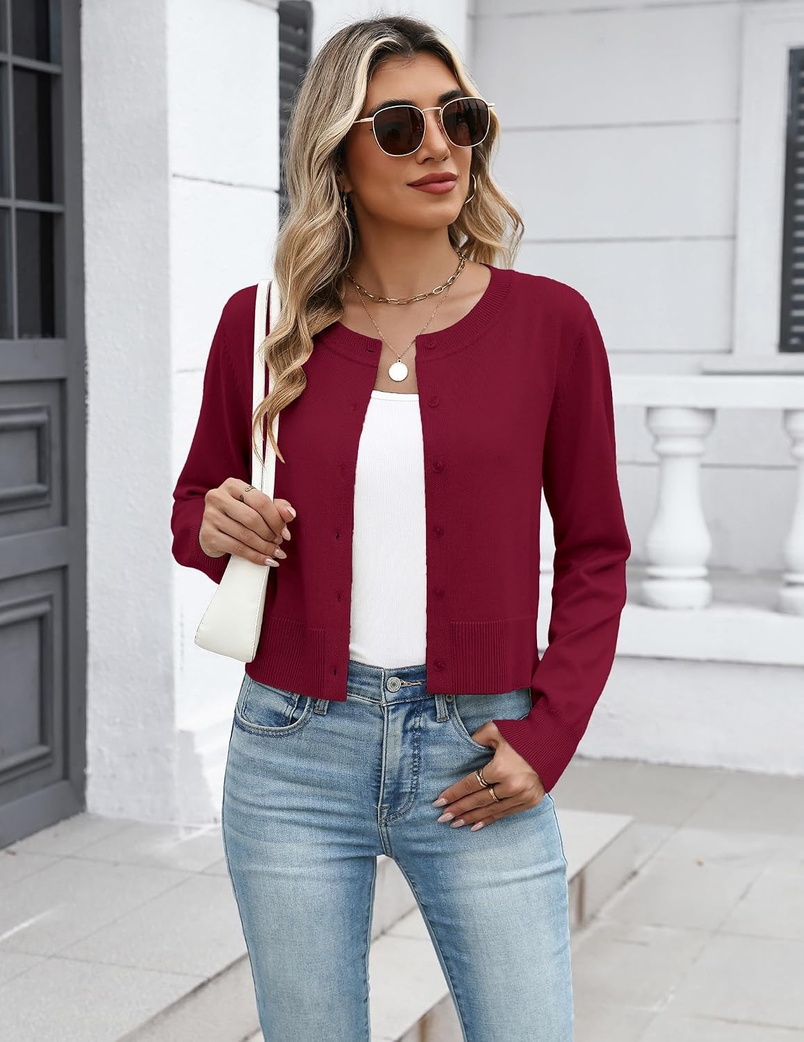 image:imageZeagoo Womens Cropped Cardigan Sweaters Lightweight Bolero Shrug for DressWine Red