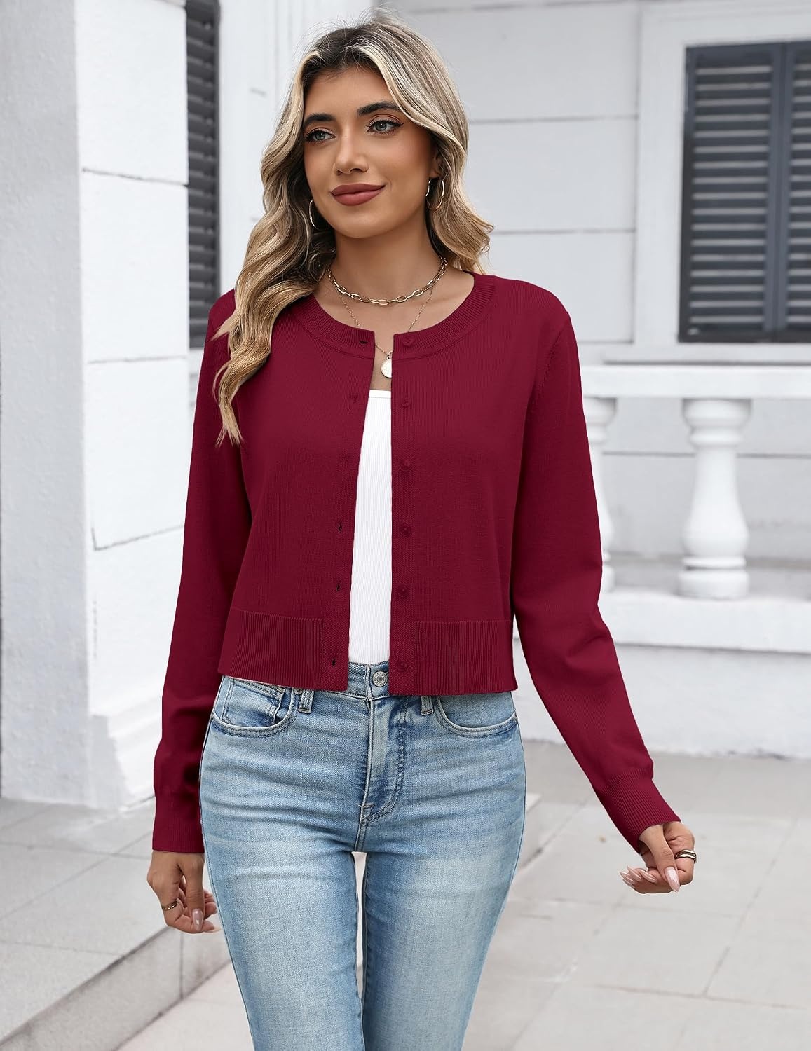 image:imageZeagoo Womens Cropped Cardigan Sweaters Lightweight Bolero Shrug for DressWine Red