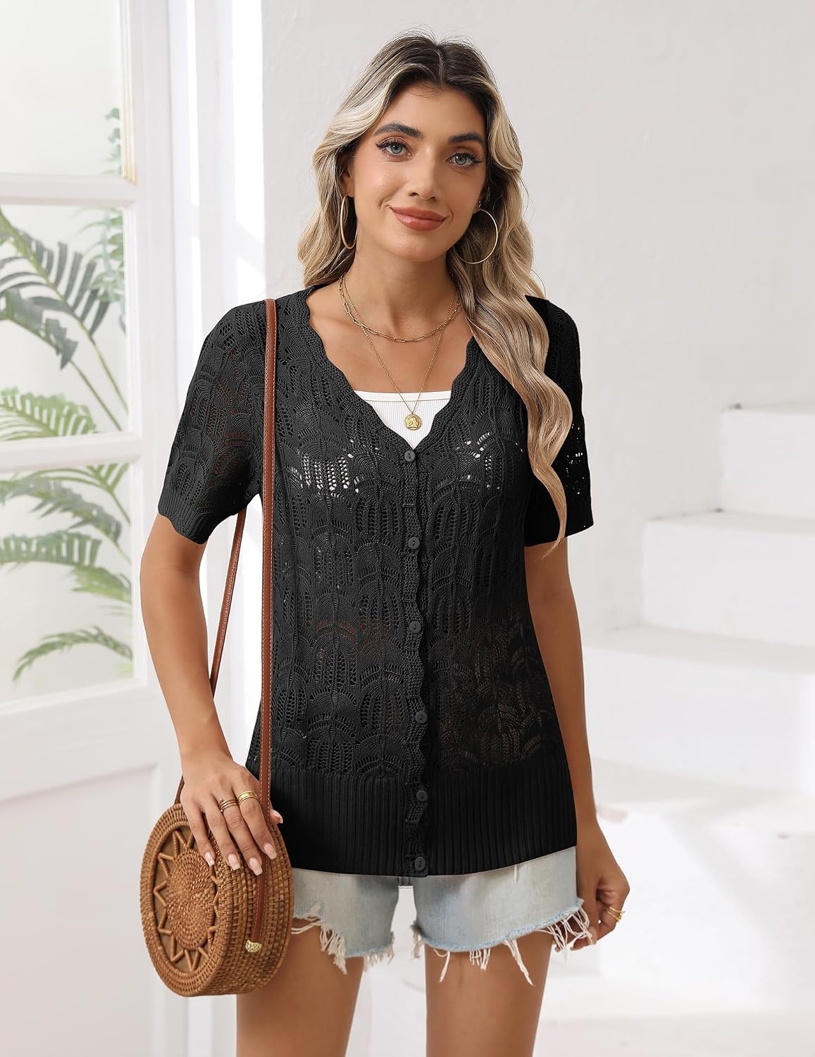 image:imageZeagoo Womens Short Sleeve Summer Cardigan Crochet Button up Shrug SweaterAblack