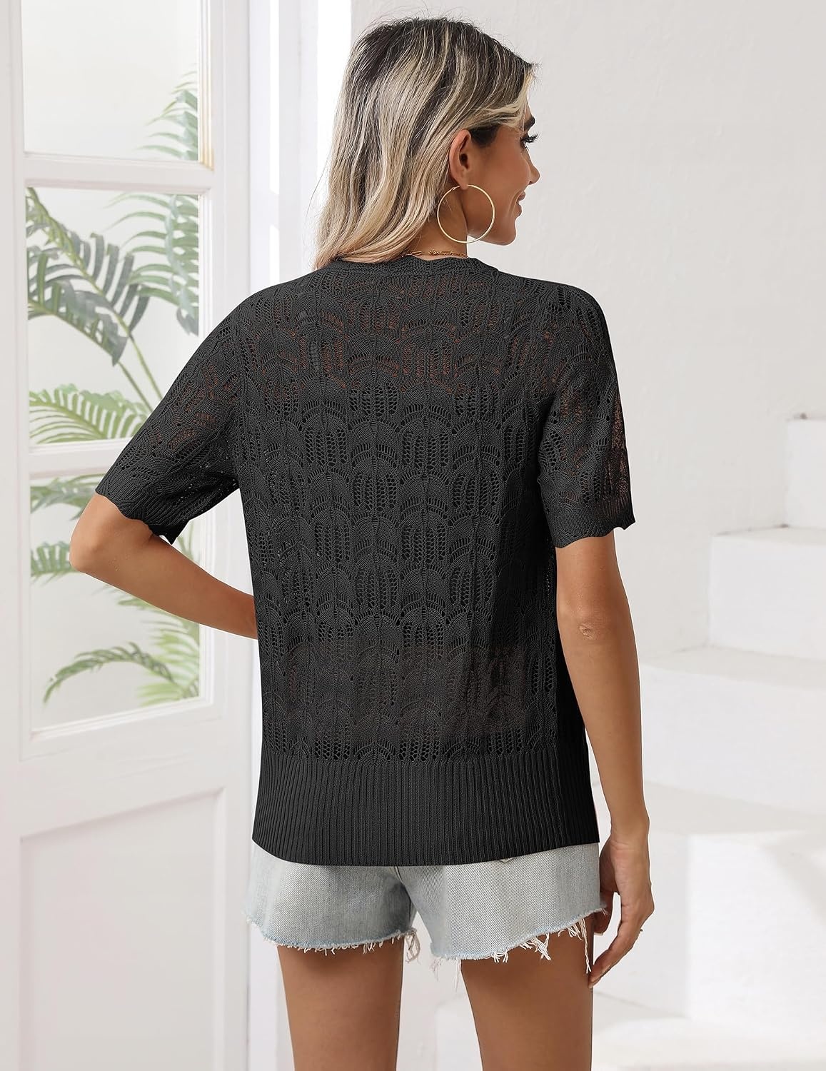 image:imageZeagoo Womens Short Sleeve Summer Cardigan Crochet Button up Shrug SweaterAblack