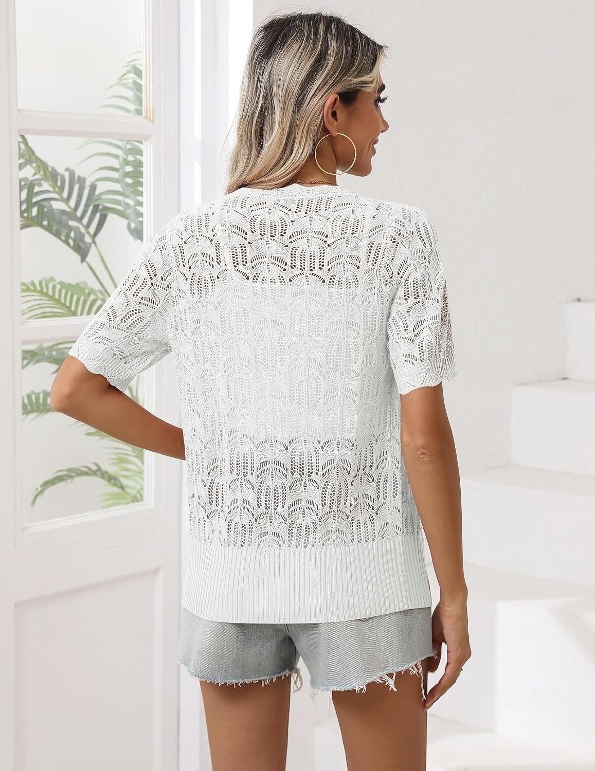 image:imageZeagoo Womens Short Sleeve Summer Cardigan Crochet Button up Shrug SweaterAwhite