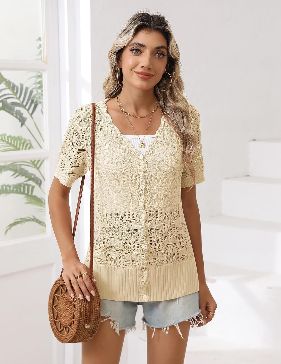 image:imageZeagoo Womens Short Sleeve Summer Cardigan Crochet Button up Shrug SweaterBeige