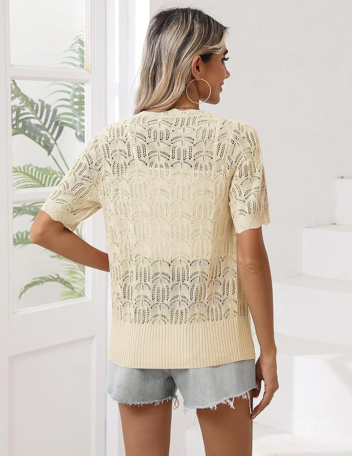 image:imageZeagoo Womens Short Sleeve Summer Cardigan Crochet Button up Shrug SweaterBeige