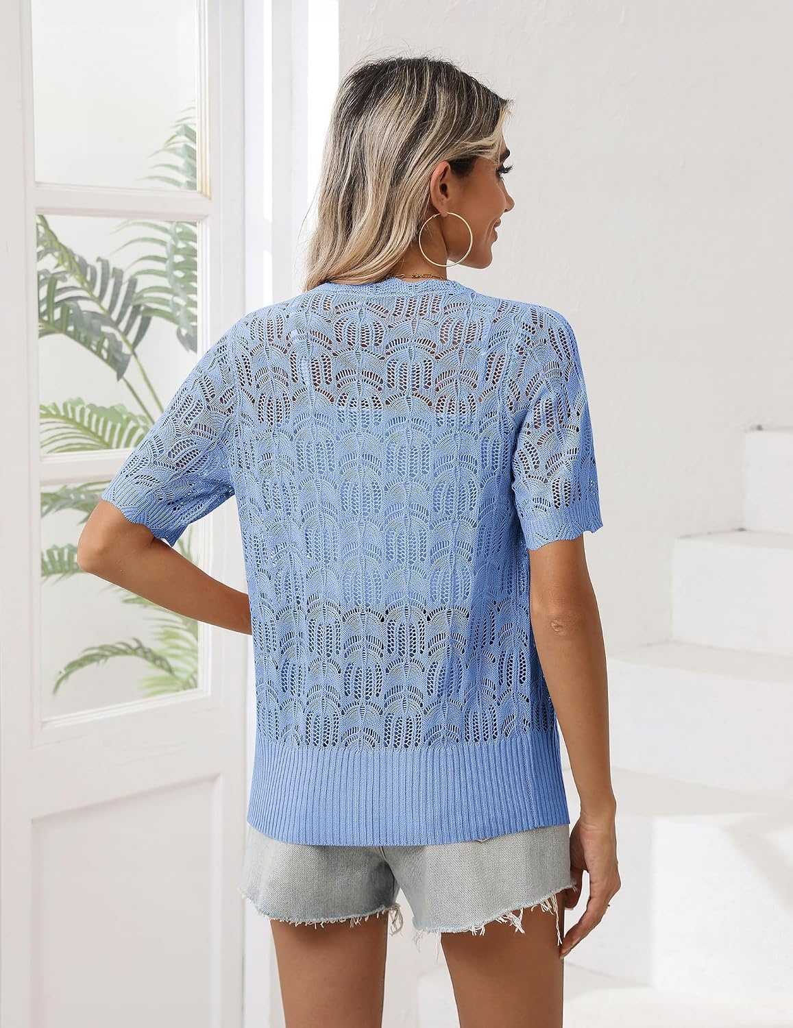 image:imageZeagoo Womens Short Sleeve Summer Cardigan Crochet Button up Shrug SweaterBlue