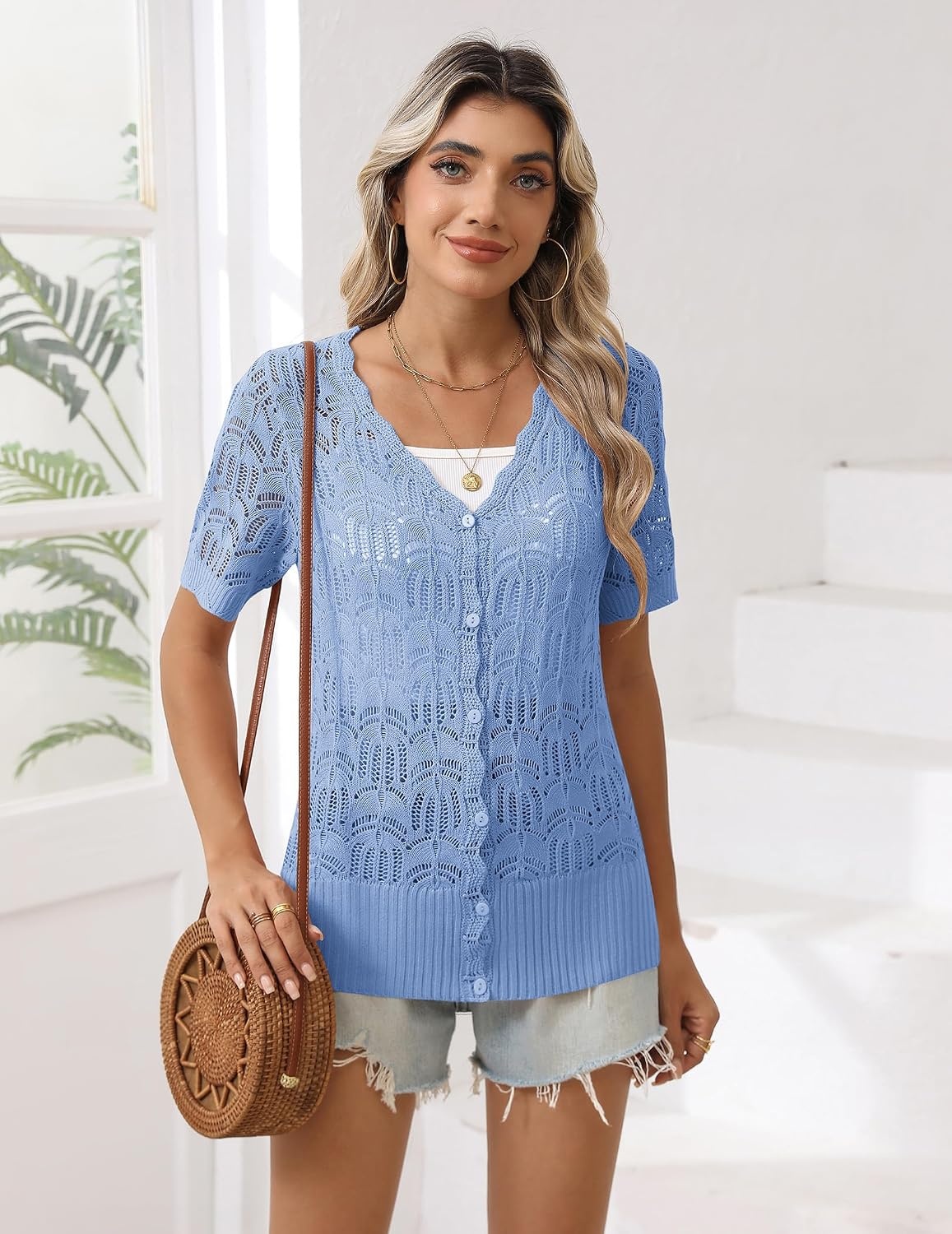 image:imageZeagoo Womens Short Sleeve Summer Cardigan Crochet Button up Shrug SweaterBlue