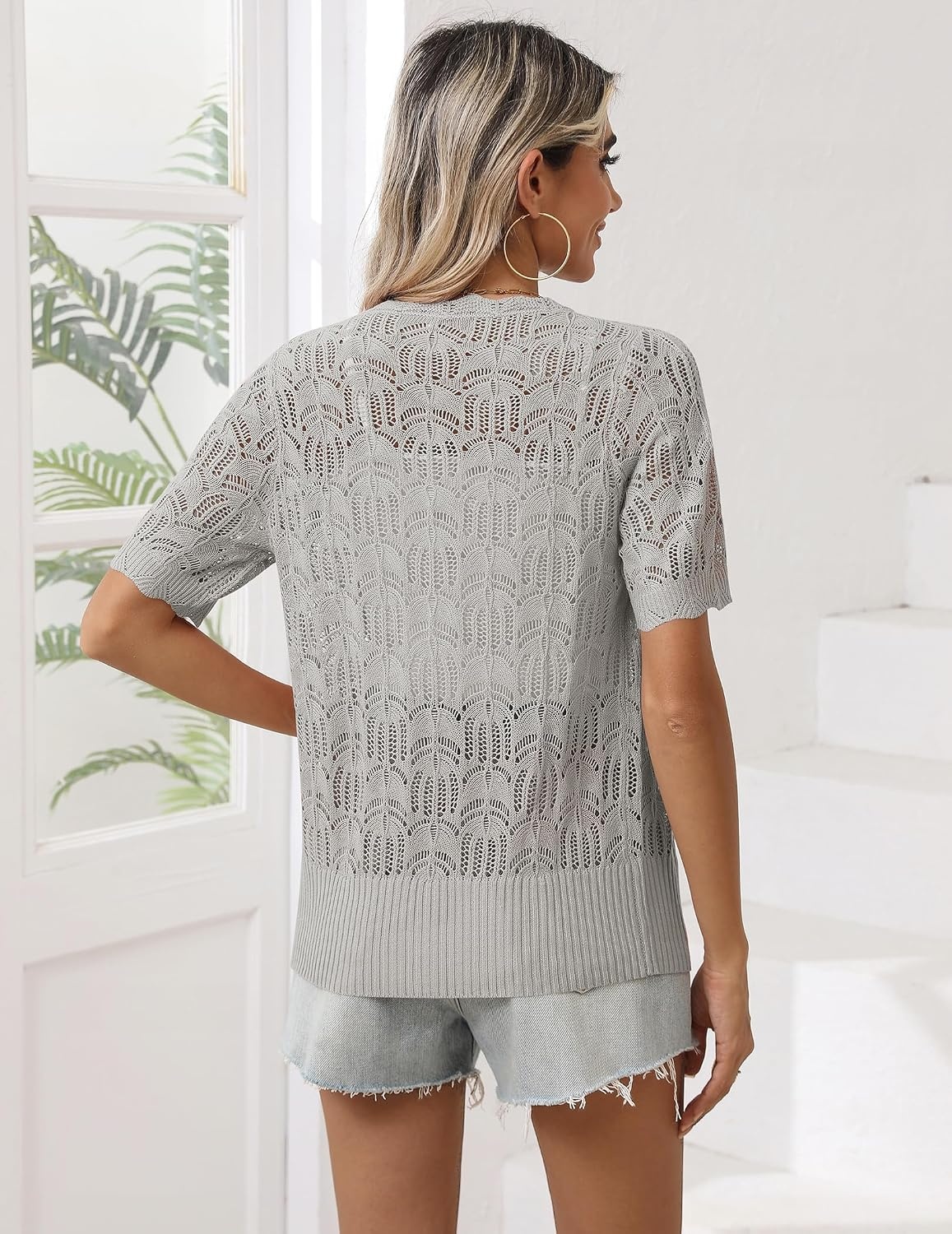image:imageZeagoo Womens Short Sleeve Summer Cardigan Crochet Button up Shrug SweaterGrey