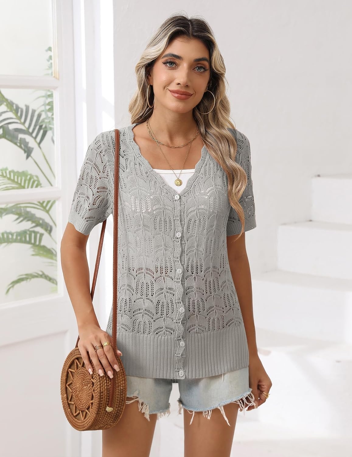 image:imageZeagoo Womens Short Sleeve Summer Cardigan Crochet Button up Shrug SweaterGrey