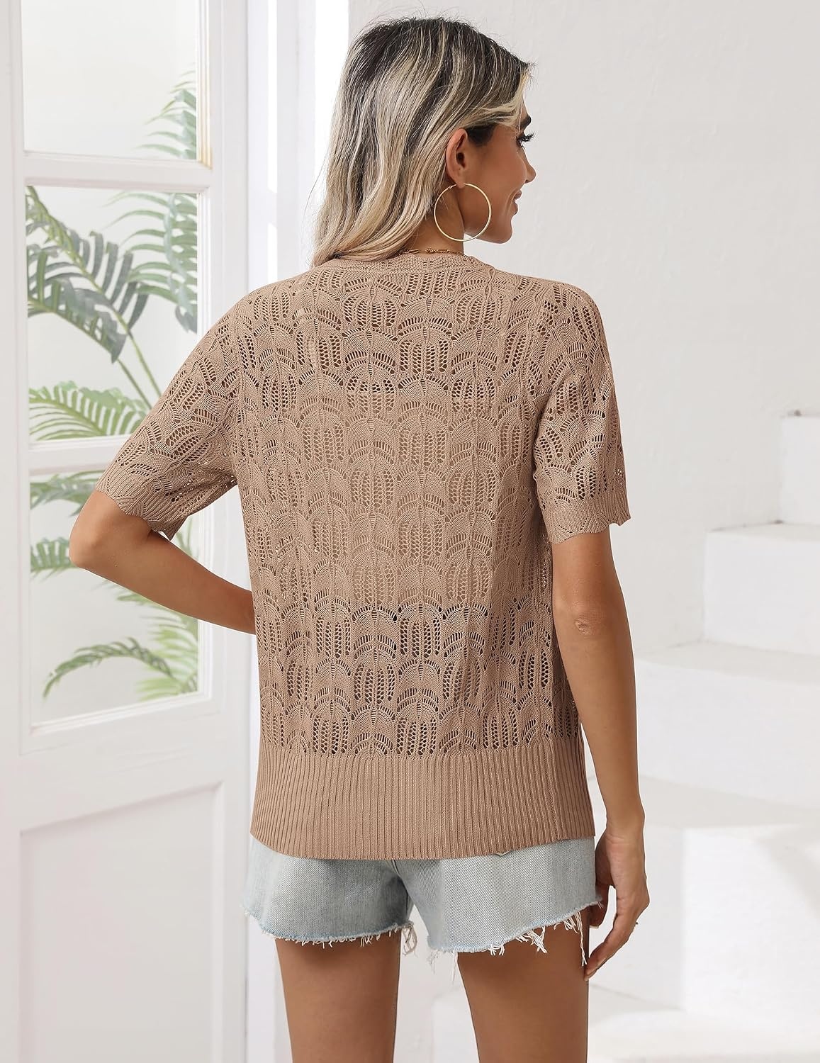 image:imageZeagoo Womens Short Sleeve Summer Cardigan Crochet Button up Shrug SweaterKhaki