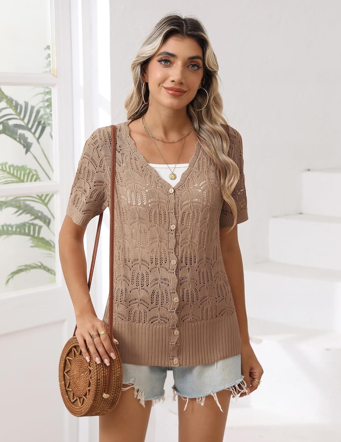 image:imageZeagoo Womens Short Sleeve Summer Cardigan Crochet Button up Shrug SweaterKhaki
