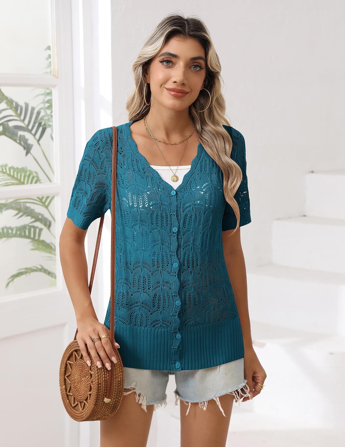 image:imageZeagoo Womens Short Sleeve Summer Cardigan Crochet Button up Shrug SweaterNavy