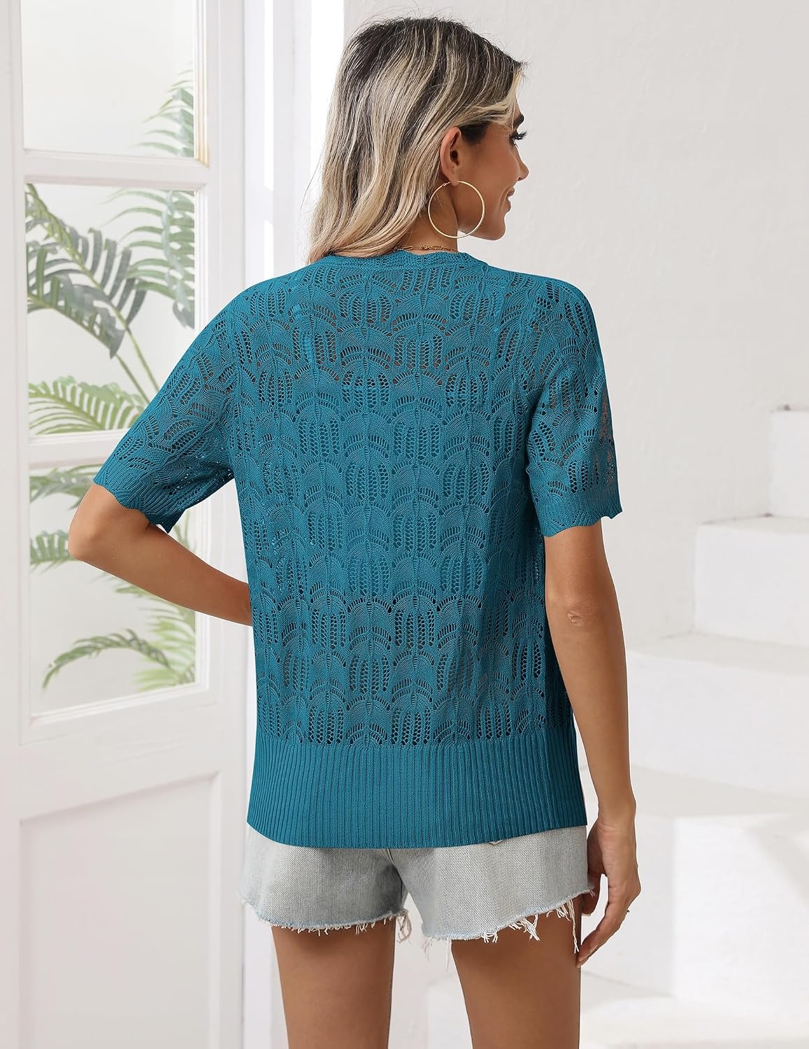 image:imageZeagoo Womens Short Sleeve Summer Cardigan Crochet Button up Shrug SweaterNavy