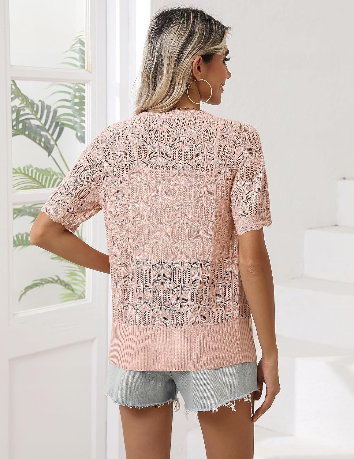 image:imageZeagoo Womens Short Sleeve Summer Cardigan Crochet Button up Shrug SweaterPink