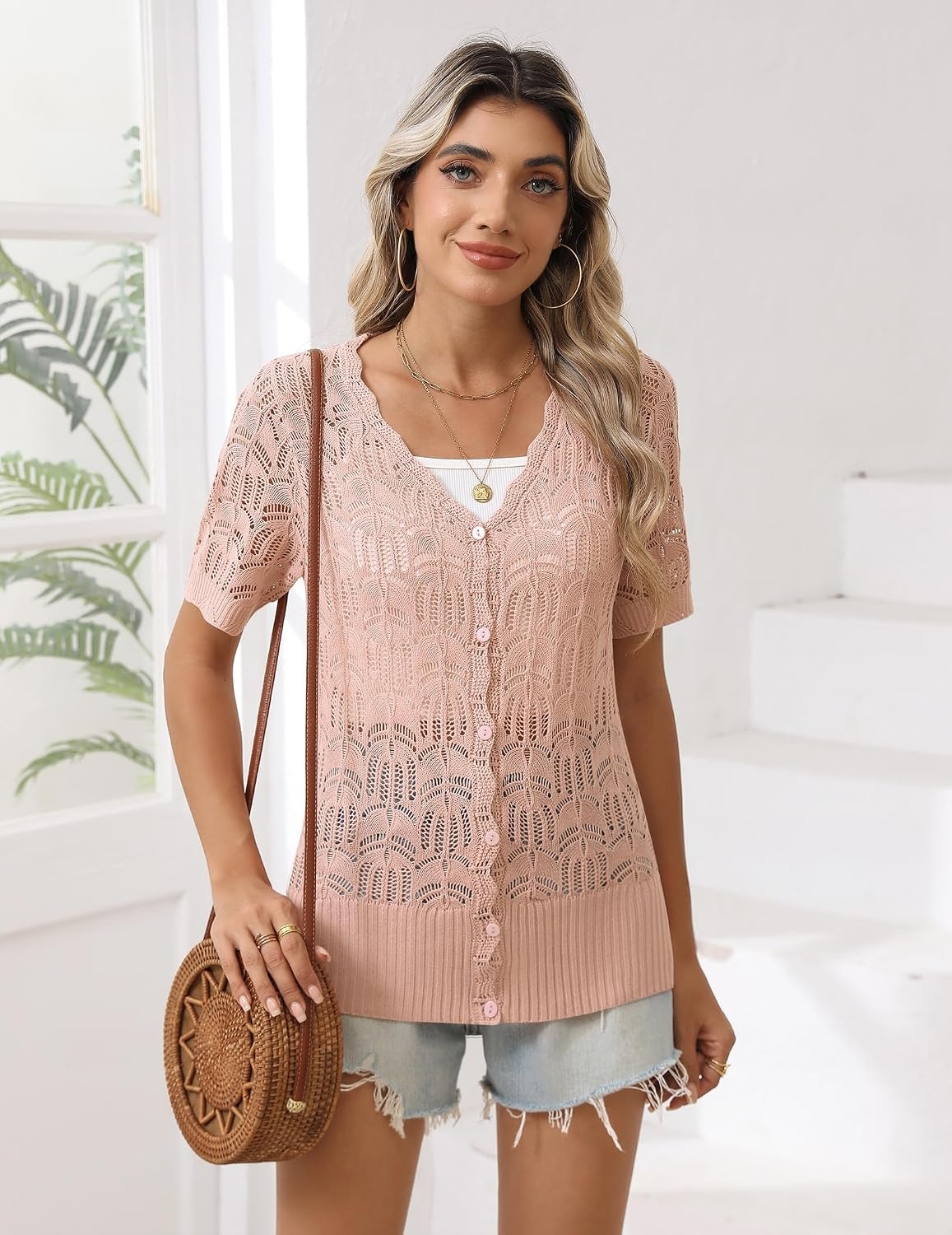 image:imageZeagoo Womens Short Sleeve Summer Cardigan Crochet Button up Shrug SweaterPink