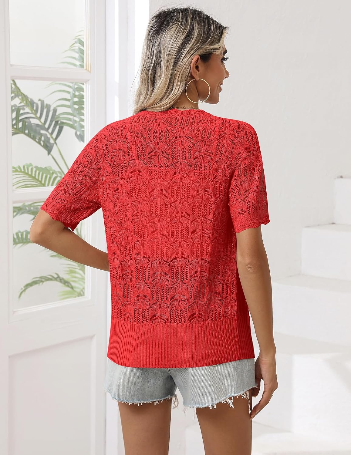 image:imageZeagoo Womens Short Sleeve Summer Cardigan Crochet Button up Shrug SweaterRed