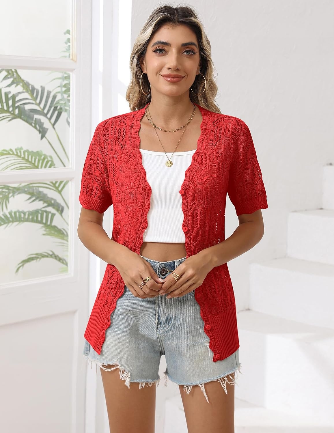 image:imageZeagoo Womens Short Sleeve Summer Cardigan Crochet Button up Shrug SweaterRed