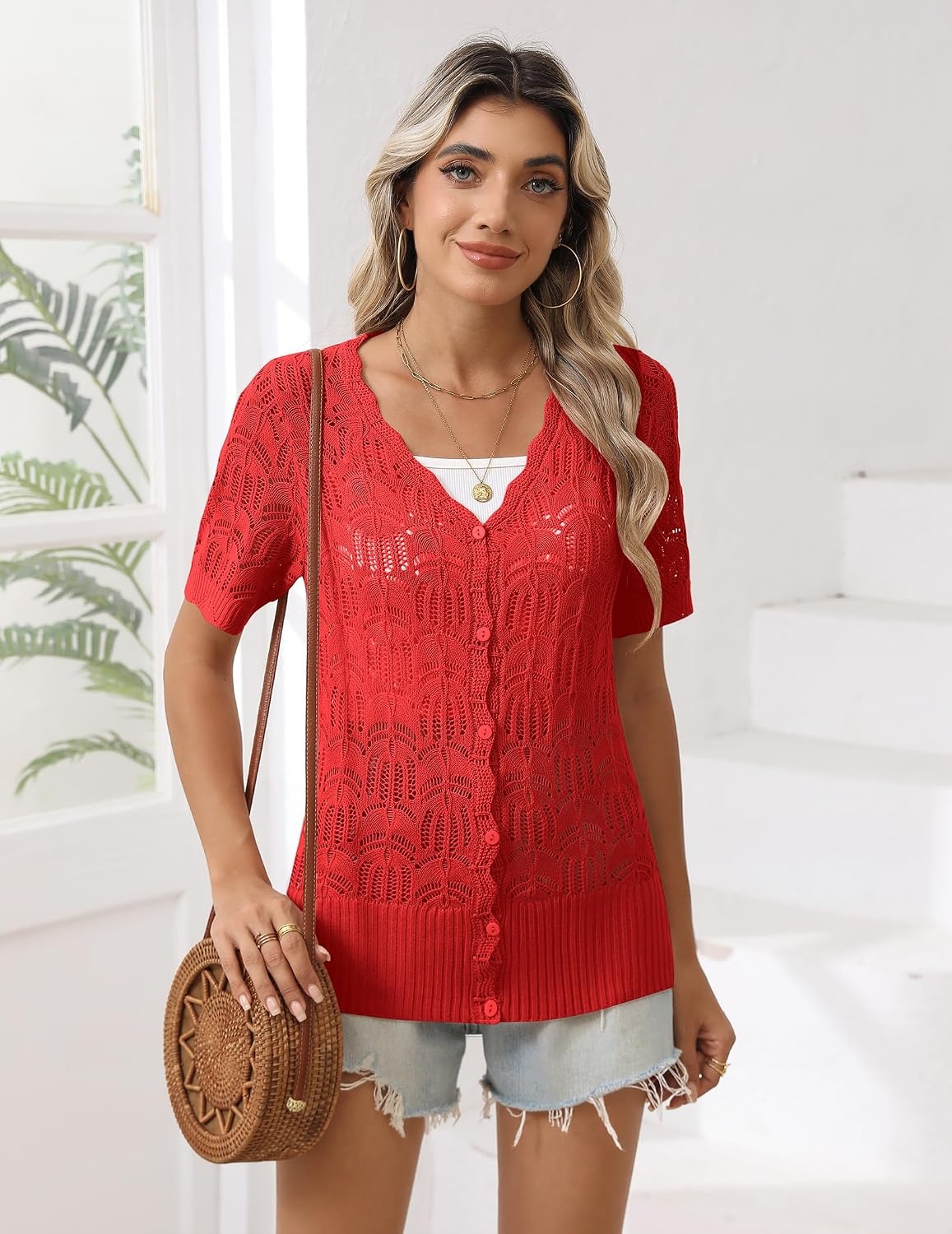 image:imageZeagoo Womens Short Sleeve Summer Cardigan Crochet Button up Shrug SweaterRed