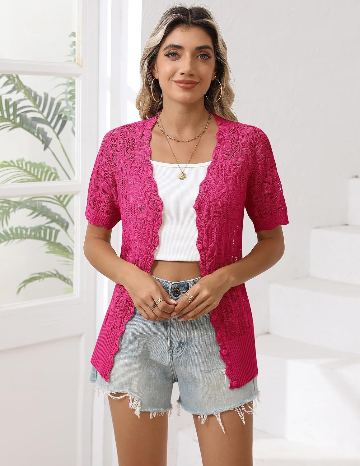 image:imageZeagoo Womens Short Sleeve Summer Cardigan Crochet Button up Shrug SweaterRose Red