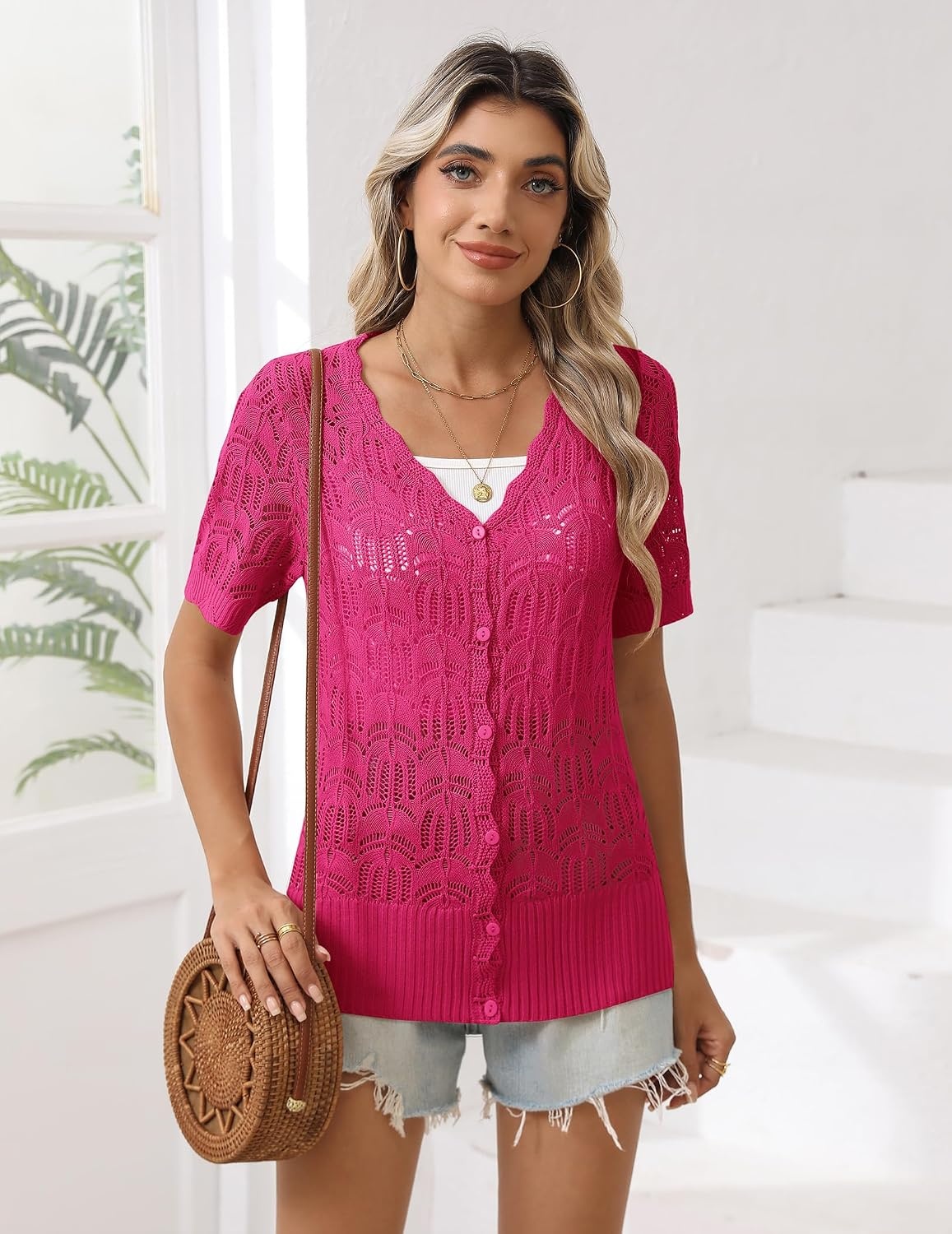 image:imageZeagoo Womens Short Sleeve Summer Cardigan Crochet Button up Shrug SweaterRose Red