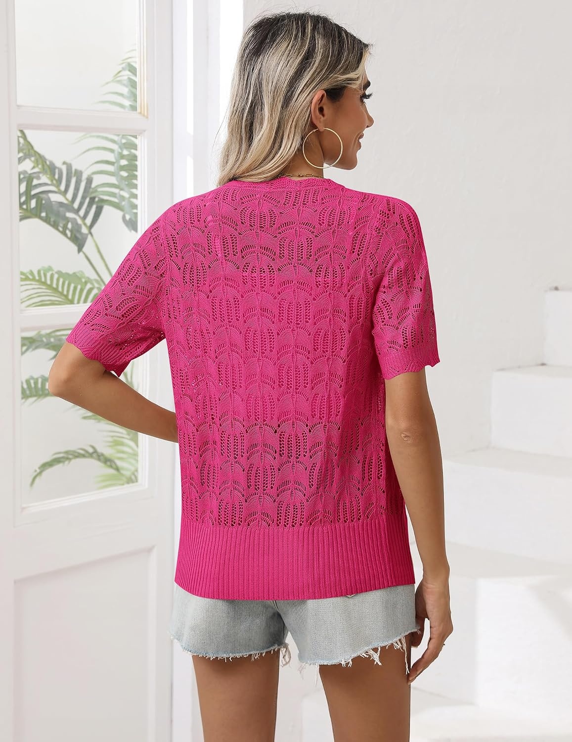 image:imageZeagoo Womens Short Sleeve Summer Cardigan Crochet Button up Shrug SweaterRose Red
