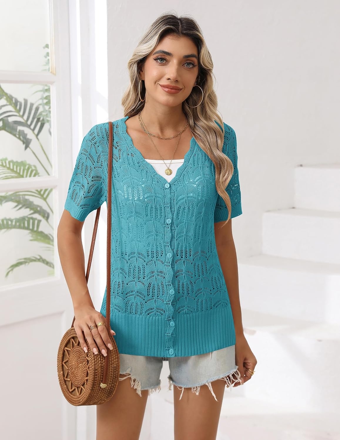 image:imageZeagoo Womens Short Sleeve Summer Cardigan Crochet Button up Shrug SweaterTeal