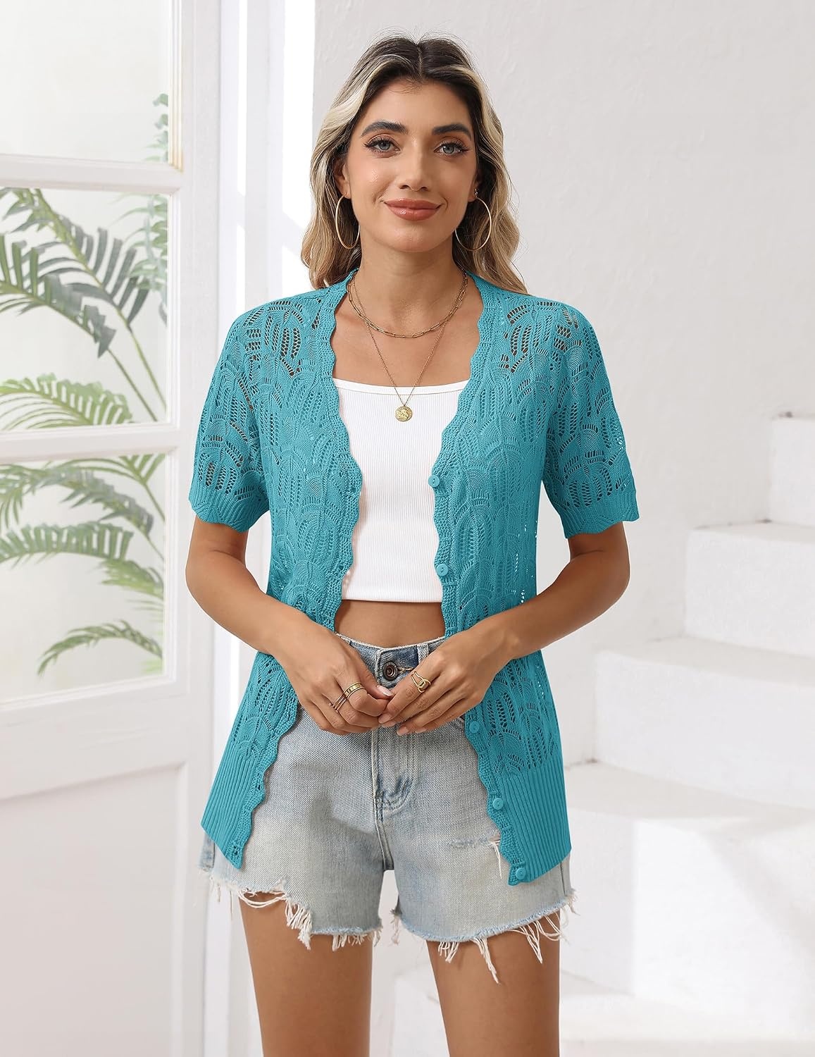 image:imageZeagoo Womens Short Sleeve Summer Cardigan Crochet Button up Shrug SweaterTeal