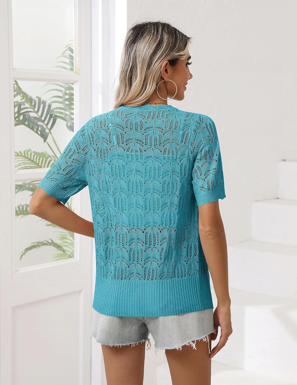 image:imageZeagoo Womens Short Sleeve Summer Cardigan Crochet Button up Shrug SweaterTeal