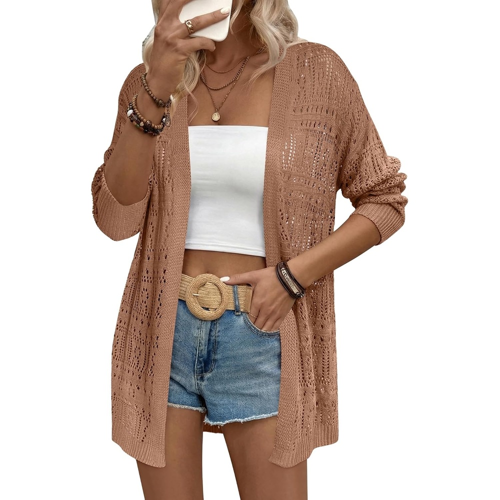 image:imageZeagoo Womens 2026 Summer Crochet Cardigan Sweaters Lightweight Boho KimonoBrown