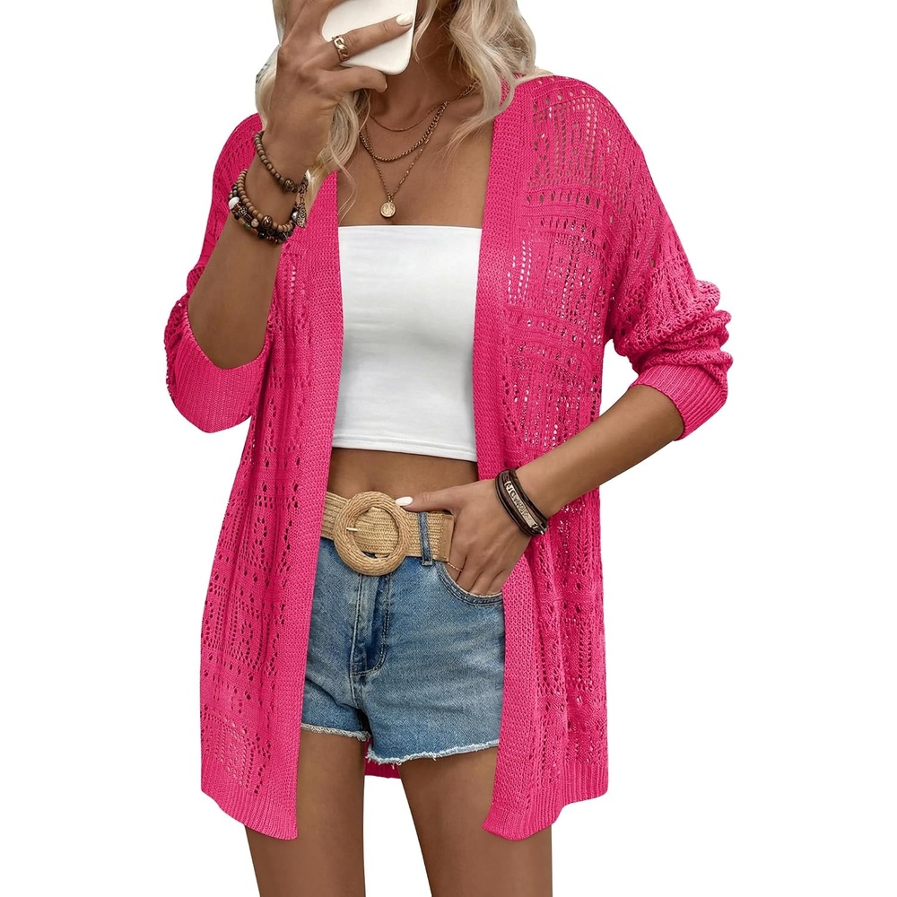 image:imageZeagoo Womens 2026 Summer Crochet Cardigan Sweaters Lightweight Boho KimonoHot Pink