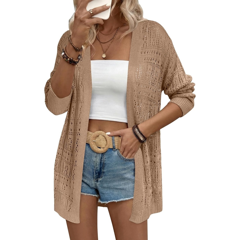 image:imageZeagoo Womens 2026 Summer Crochet Cardigan Sweaters Lightweight Boho KimonoKhaki
