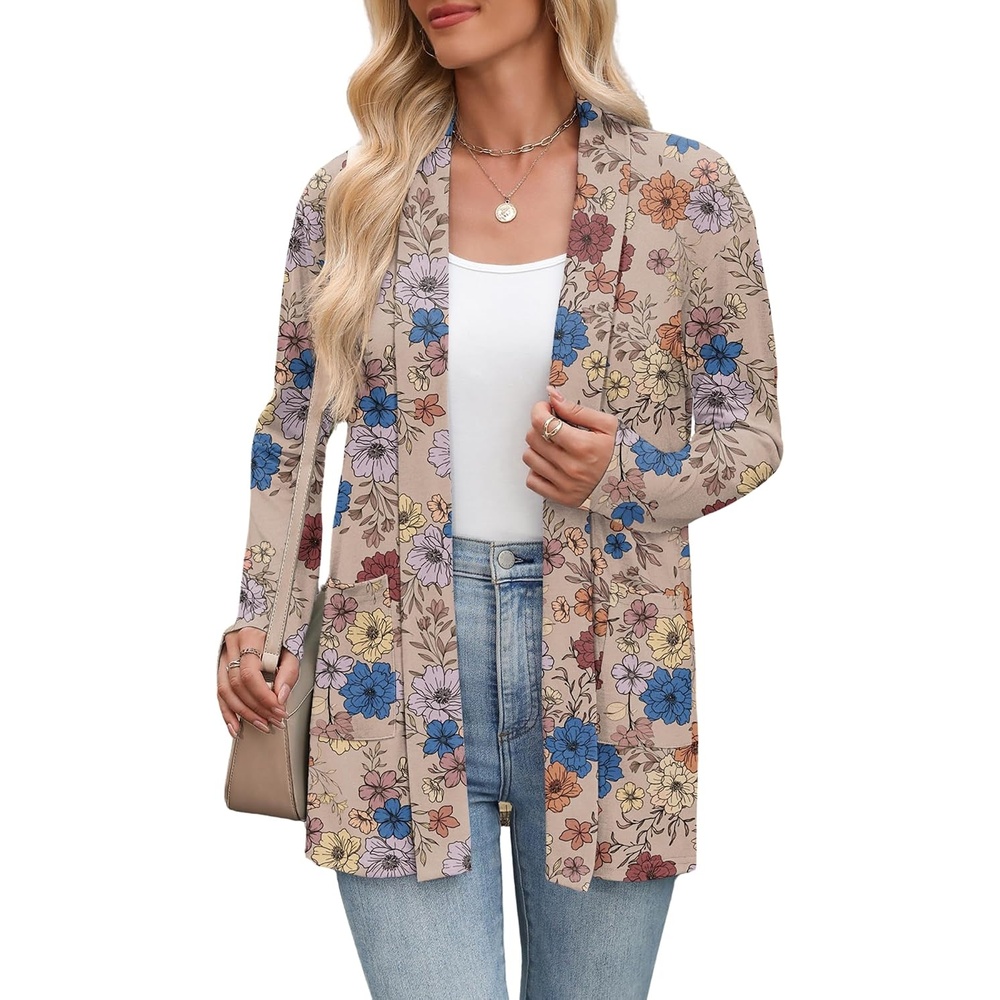 image:imageZeagoo Womens Lightweight Cardigan Open Front Long Sleeve Casual CardigansAflower Khaki