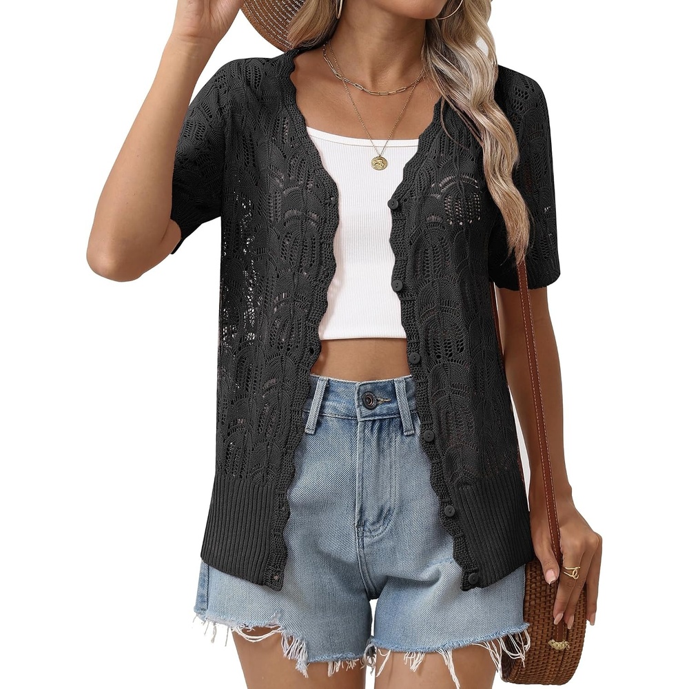 image:imageZeagoo Womens Short Sleeve Summer Cardigan Crochet Button up Shrug SweaterAblack