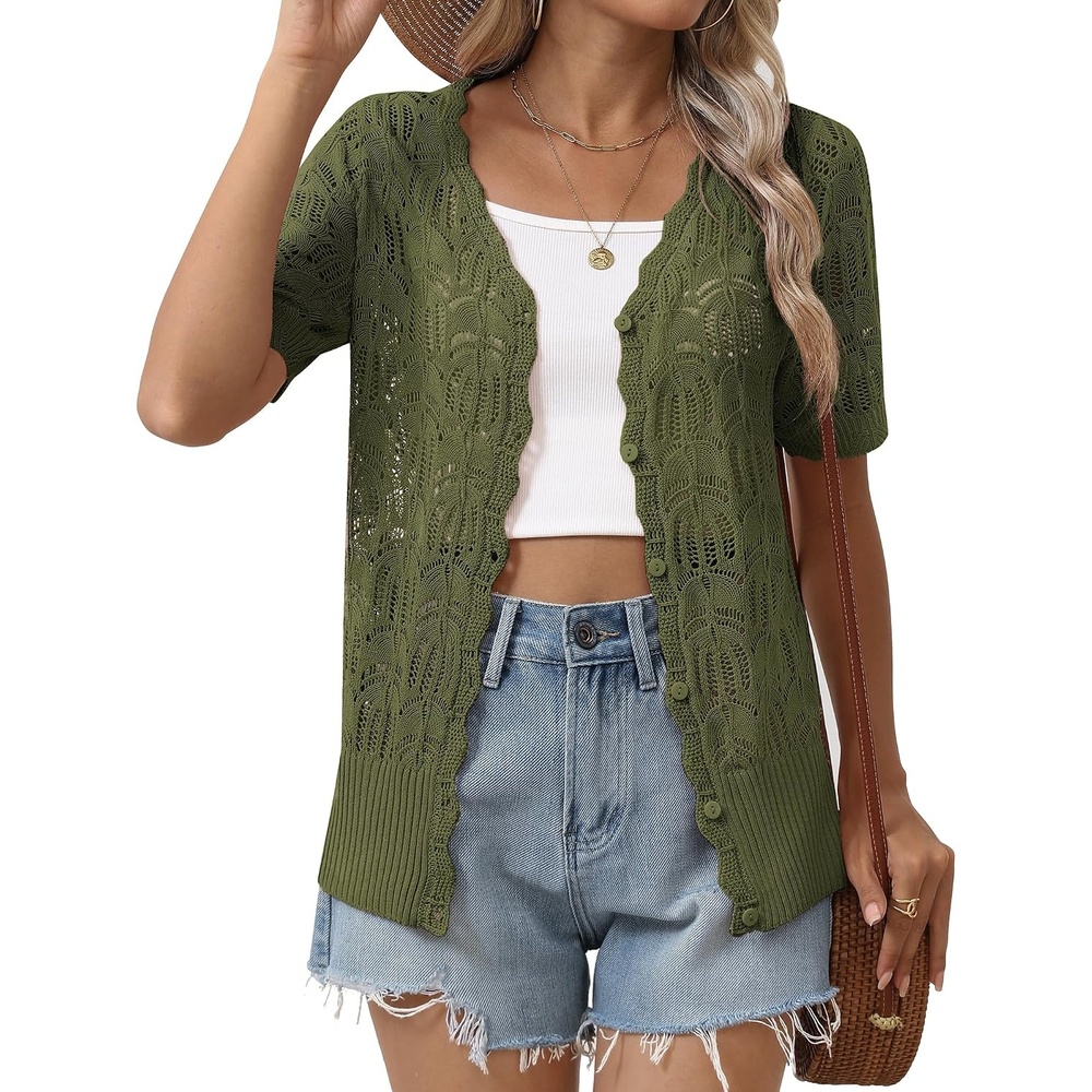 image:imageZeagoo Womens Short Sleeve Summer Cardigan Crochet Button up Shrug SweaterArmy Green