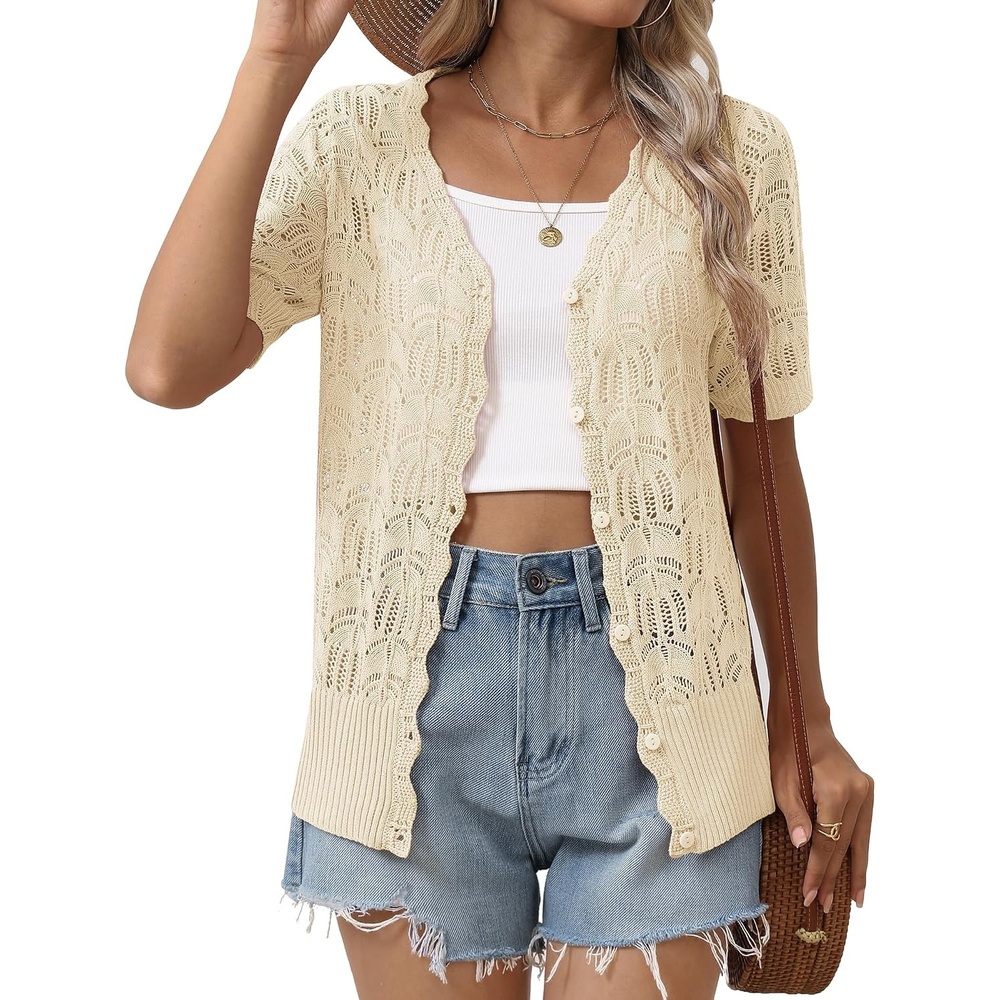 image:imageZeagoo Womens Short Sleeve Summer Cardigan Crochet Button up Shrug SweaterBeige