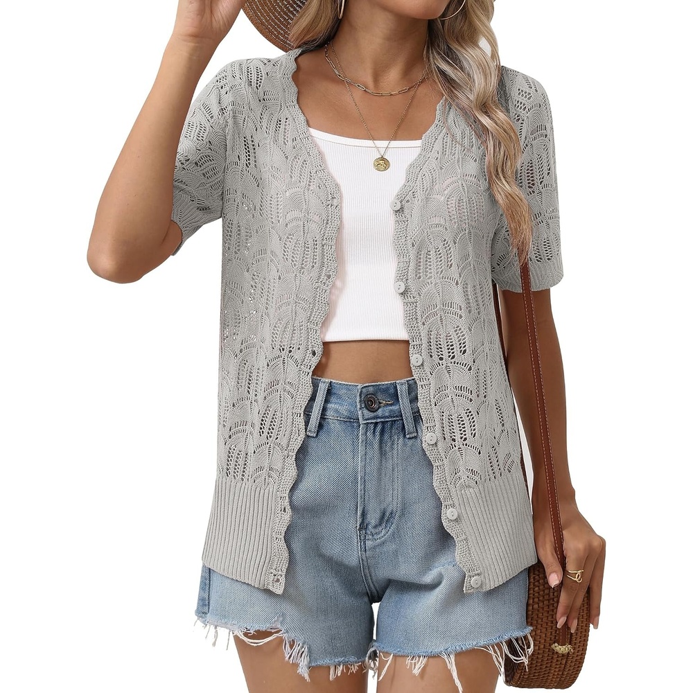image:imageZeagoo Womens Short Sleeve Summer Cardigan Crochet Button up Shrug SweaterGrey