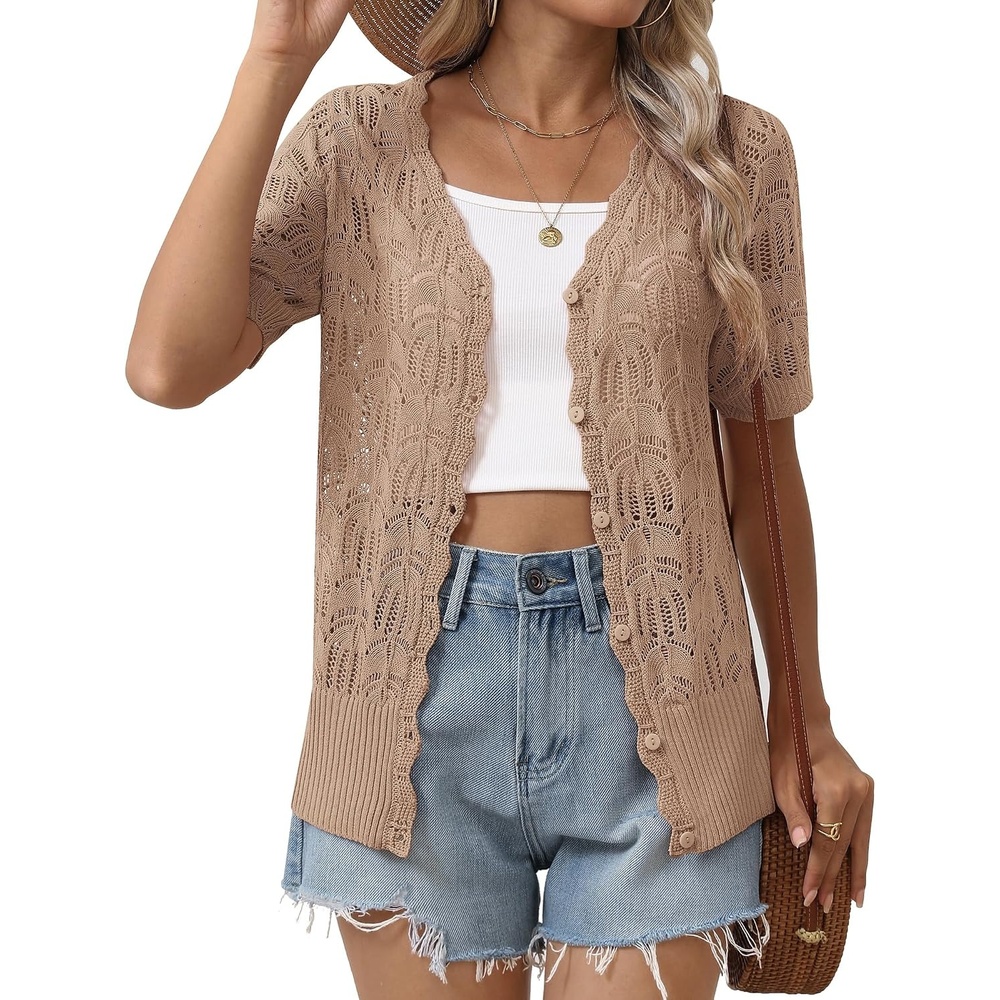 image:imageZeagoo Womens Short Sleeve Summer Cardigan Crochet Button up Shrug SweaterKhaki